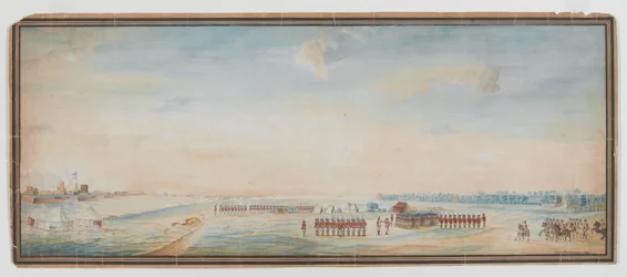 Brittiskt infanteri, inhemskt infanteri och inhemskt kavalleri borrar utanför Fort St George, Madras