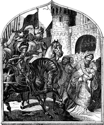 Belägringen av Weinsbergs slott och de lojala kvinnorna 1140 Illustration ur det tyska folkets historia av E. Duller, 1840