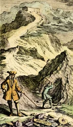 Paleontologi: Den schweiziska naturforskaren Johann Jakob Scheuchzer (1672-1733) upptäckte i de schweiziska bergen spåren av den universella syndafloden tack vare fossiler. Gravyr från "Museum Diluvianum""