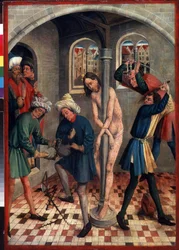 Kristi flagellation. Män som gör törnekronan medan andra piskar Jesus fäst vid kolonnen, med olika piskor. Målning av Johann Koerbecke (mellan 1415 och 1491), före 1457. Tempera på trä. tysk konst