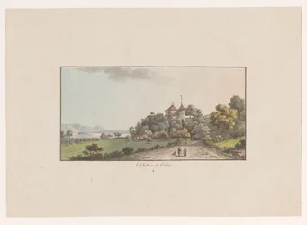 Utsikt över Chateau de Cerlier i Erlach Le Chateau de Cerlier (titel på objekt) Utsikter över Schweiz (serietitel) Collection de quelques vues dessinées en Suisse d