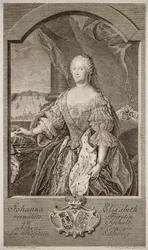 Porträtt av Johanna-Elizabeth, kurfurstin av Anhalt-Zerbst 1712-1760, mor till Katarina II, 1756.