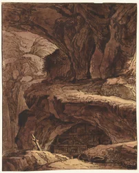 Stenigt landskap med ett grottkapell, 1800-talet.