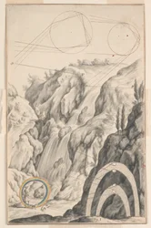 The Investigation of the Rainbow, design för platta 66 i Physica Sacra, vol. 1, av Johann Jakob Scheuchzer