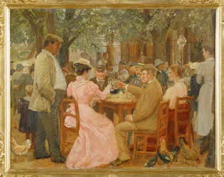 Beim Heurigen - i en Heurigen -pub ... (olja på trä)