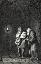 Kejsar Karl IV (1346-1378) samlas vid Widukind av Sachsens (eller Wittekind av Sachsens) grav i Enger Tyskland 1377 (Karl IV, tysk-romersk kejsare vid Widukinds grav (Widuking eller Wittekind) i Enger, Tyskland) Gravyr av Johann Michael Me
