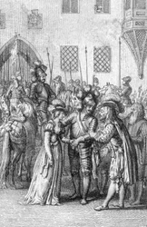 Kejsar Henrik VII av Luxemburg (1275-1313) träffar sin blivande hustru Margareta av Brabant (1276-1311) dotter till Johannes I, hertig av Brabant och Margarita av Dampierre (Henry VII, helige romerske kejsare träffar sin hustru Margareta av Brabant, dotter