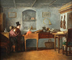 Skolmästaren med pojkarna som sjunger platt vid pianoparet Johann Michael Neder