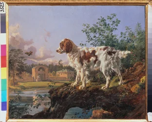 Fastigheten Kuzminki. Karusellen. En hund i landskapet. Verk av Johann Nepomuk Rauch (1804-1847), olja på kartong