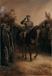 General Lord Kitchener gör honnör när han rider förbi boerledare som står och tar av sig hattarna, 1902