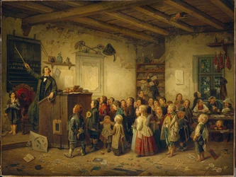 Hieronymus Jobs lärare. Utdrag ur Jobsiade-serien. (H. Jobs undervisning. Ur serien Jobsiada). Jobsiaden eller livet för kandidaten i teologi Mr. Jobs, tyskt komiskt epos av doktor Conrad Arnold Kortum (1745-1824). Scenen som representeras här dec