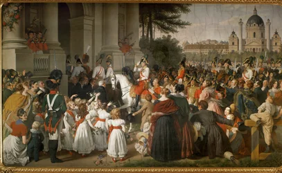 Kejsar Franz I, återvänder till Wien från slaget vid Leipzig ... (väggmålning)