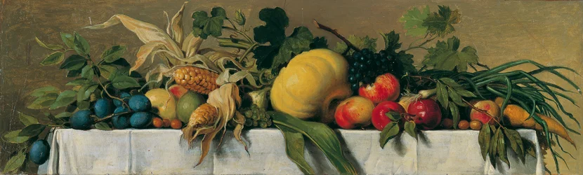 Stilleben med frukt och grönsaker på vit bordsduk