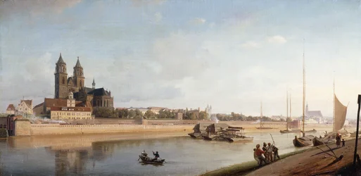 Magdeburg på stranden av floden Elbe - Utsikt från öst till väst; Magdeburg vid Elbe; Utsikt från öst till väst, 1853