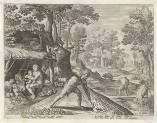 Adam och Eva på jobbet utanför Paradise Earth Historien om Kains familj / Om goda och dåliga verk (serietitel) Boni et mali scientia (serietitel)