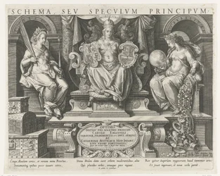 Authority (Potestas), Prestige (Nobilitas) och Benevolence (Liberalitas) Titeltryck för en serie om en prinss egenskaper Principal Occupations of a Prince (serietitel) Schema, seu speculum principum (serietitel) Schema, sev specvlvm