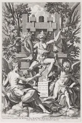 Bacchus sittande på en tunna mellan amor och musik, ca. 1590.