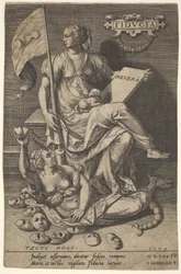Fiducia, en sittande kvinna håller i en bok och en banderoll medan hon vänder bort huvudet från en bar..., 1579.