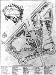En plan över huset och trädgårdarna i Stowe, Buckinghamshire