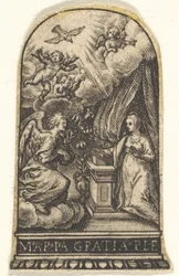 Annunciation, Mary knäböjer vid en talarstol när Gabriel närmar sig på ett moln från ..., ca. 1580-1600.