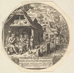 Enoch och hans familj runt ett måltidsbord och håller sina händer i en gest..., ca. 1580-1623.