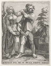 Strijd om de broek JAG KOMMER ATT BINDA MIG PÅ MIN MANS INSISTERANDE BYXOR (titel på objekt) Secular Emblems, 1596 (serietitel)