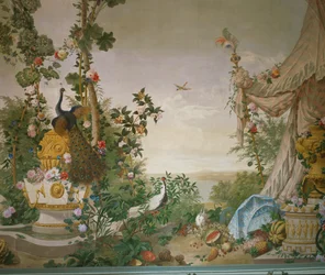 Trädgårdsscen med påfågel och tält i Trädgårdsrummet på Schönbrunns slott