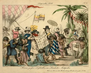 Greens luftballong i Antipoderna, ca 1840 (handfärgad etsning)