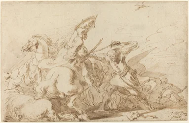 En strid mellan orientaliskt kavalleri och soldater, 1636.