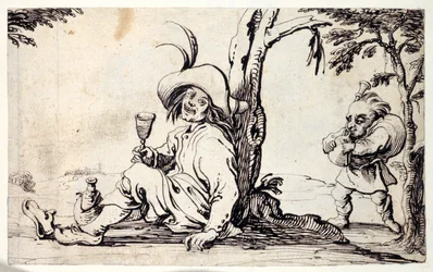 Landsman sitter och svalkar sig själv och en dvärg med säckpipa (penna och bläck på papper)
