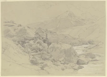 Vattenkvarn i ett bergslandskap