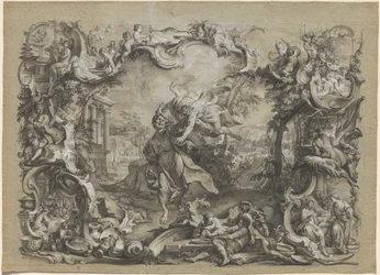 Ängeln som bär Habakuk i håret, omgiven av en detaljerad rokokoram, ca 1750 (tuschteckning)