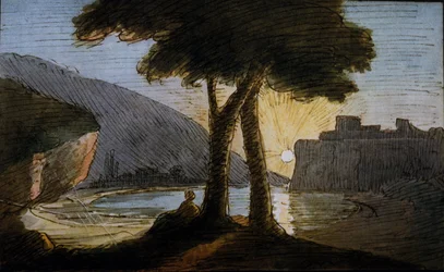 Solnedgång över de romerska ruinerna. Akvarell av Johann Wolfgang von Goethe (1749-1832). Början av 1800-talet