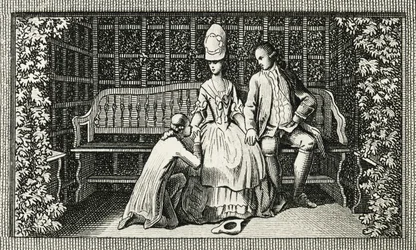 Den unge Werthers lidanden, gravyr inspirerad av romanen av Johann Wolfgang von Goethe (1749-1832), Tyskland, 1700-talet