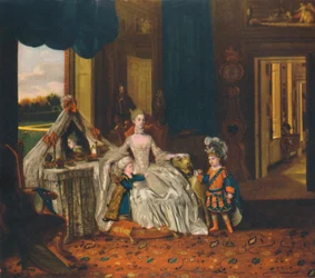 Drottning Charlotte i omklädningsrummet med prins och hertig i finklänning, c1766, 1948