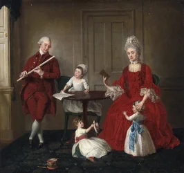 Rococo : Porträtt av herr och fru James Blew och deras tre barn i en elegant interiör av Johann Zoffany (Zauffelij) (1733-1810). 1660-1670, Olja på duk, 75x80,3. Privat samling