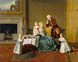 w:John Peyto-Verney, 14:e Baron Willoughby de Broke (1738-1816), och hans familj i frukostrummet på Compton Verney. Hemma i Compton Verney House, Warwickshire, som byggdes av honom 1762-8.