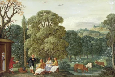 Abraham underhåller de tre änglarna (olja på koppar)