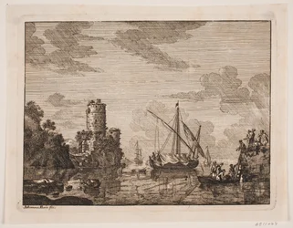 Fartyg på en flod. Till vänster ett torn