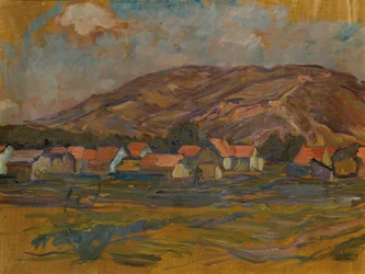 Landskap med hus och berg