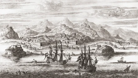 Holländska skepp framför Muscat, Oman på 1600-talet (tryck)