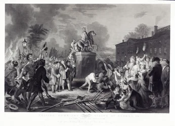 Dra ner statyn av George III av Sons of Freedom, på Bowling Green, City of New York, juli 1776, pub. 1875