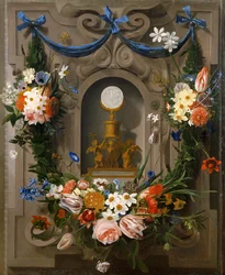 Eukaristin omgiven av blommor (olja på duk)