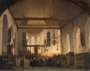 Interiör från Geertekerk i Utrecht med firandet av den heliga måltiden
