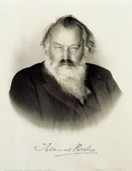 Tyskland, graverat porträtt av den tyske kompositören, pianisten och dirigenten Johannes Brahms