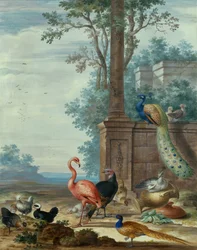 Ett italienskt landskap med en påfågel, fasan, flamingo och andra fjäderfän