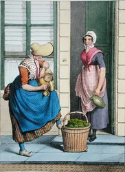 En kvinna som säljer mjölk och grönsaker, illustration från "Collections des Costumes des Provinces Septentrionales du Royaume des Pays Bas...", graverad av Villeneuve.