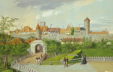 Utsikt över den lilla kustporten med Hattorpe och Stolting Towers, Tallinn, gouache på kartong)