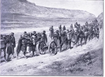 Ett batteri av fältvapen på väg till Ichon, illustration från Cassells History of the Russo-Japanese War Vol 1, c.1900