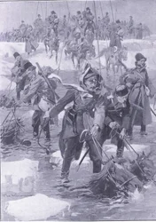 En bedrift av ridning. Ryskt kavalleri som korsar en flod, illustration från Cassells History of the Russian-Japanese War Vol 1, c.1900